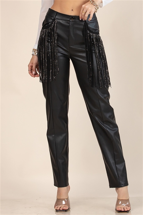 NY-81270-BK - FAUX LEATHER WESTERN FRINGE PANTS- BLACK 1-1-1