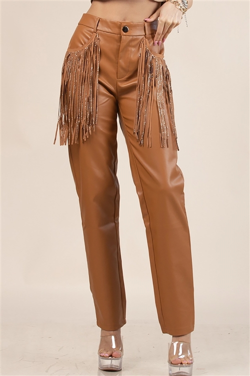 NY-81270-CML - FAUX LEATHER WESTERN FRINGE PANTS- CAMEL 1-1-1