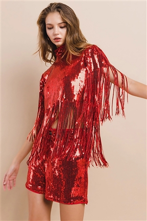 NY-81300T-Fringe-RD - WESTERN FRINGED SEQUIN MOCK NECK PONCHO TOP- RED 1-1-1