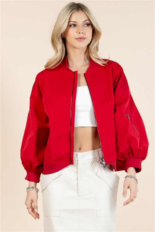 NY-81535J-Antonie-RD-SOLID ZIPPER SLEEVES BOMBER JACKET-RED-1-1-1