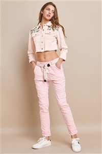 NY-97044 - PINK FLOWER EMBROIDERED CROP JACKET-PINK-1-1-1