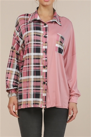 NY-AV1162-PK - SOLID & CHECK MIX COLLAR BUTTON DOWN SHIRT- PINK 2-2-2