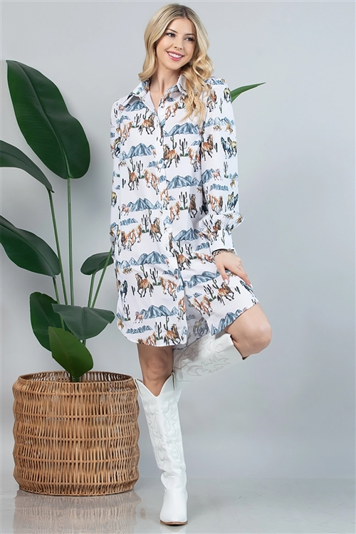 NY-D1375-4979-WH - WESTERN FIRE HORSES PRINT SHIRT DRESS- WHITE 2-2-2