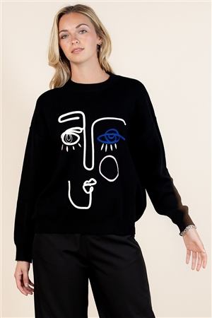 NY-D156-Natalia-BK-PORTRAIT FACE BLACK EMBROIDERED SWEATER-BLACK-3-3