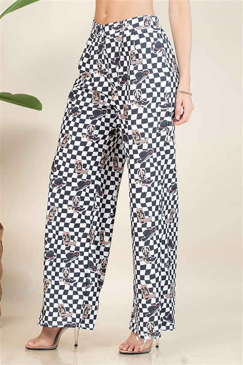 NY-P1261-5442-BKWH - WESTERN CHECKER BOOTS PRINT ELASTIC WIDE PANTS- BLACK/WHITE 2-2-2