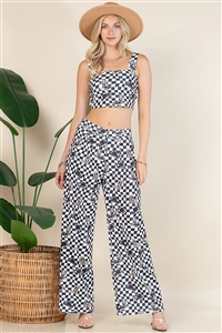 NY-P1261T1549-5442-BKWH - WESTERN CHECKER BOOTS CROP TOP AND PANTS SET- BLACK/WHITE 2-2-2