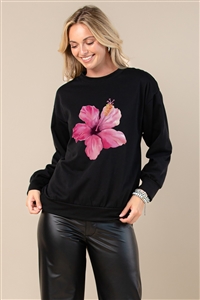 NY-T1005-6021-BK-HIBISCUS FLORAL PRINT SWEAT SHIRT TOP-BLACK-2-2-2