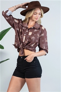 NY-T1361-4663-BR - WESTERN FARM PRINT BUTTON DOWN SHIRT TOP- BROWN 2-2-2