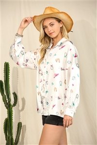 NY-T1361S-4935-Satin  - WESTERN HORSE PRINT COLLAR BUTTON DOWN TOP- OFF WHITE 2-2-2