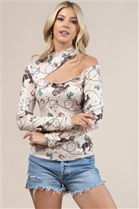 NY-T1412-4738-BG - WESTERN DANCING PRINT CUT OFF MOCK NECK TOP- BEIGE 1-2-2-1