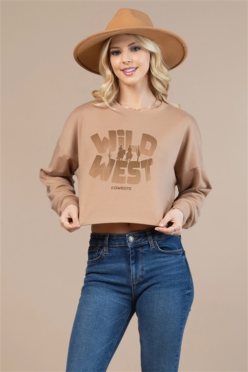 NY-T1487-5320 - WILD WEST COWBOYS LETTERING PRINT CROP TOP- CAMEL 1-2-2-1