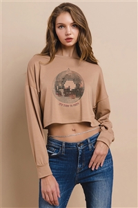 NY-T1487-5376-CML - WESTERN DISCO BALL PRINT LONG SLEEVES CROP TOP- CAMEL 1-2-2-1