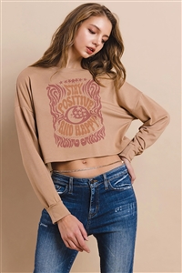 NY-T1487-5379-CML - STAY POSITIVE LETTER PRINT LONG SLEEVES CROP TOP- CAMEL 1-2-2-1