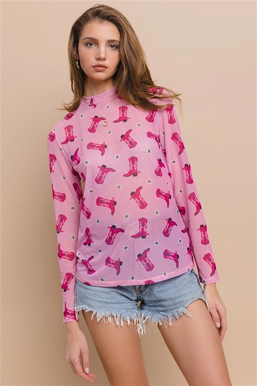 NY-T1502-4741P-PK - PINK COWBOY BOOTS PRINT MESH MOCK NECK TOP- PINK 1-2-2-1