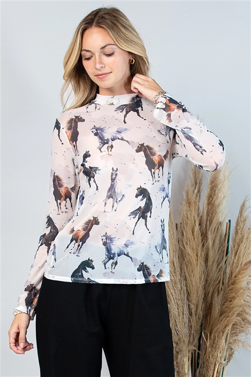 NY-T1502-5769-Jane - PLAYING HORSE PRINT MESH TOP- OFF WHITE 1-2-2-1