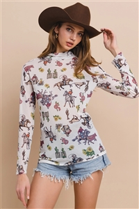 NY-T1502-Bella-WHMLT - WESTERN FLORAL COWBOY PRINT MESH LONG SLEEVES TOP- WHITE MULTI 1-2-2-1