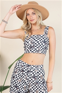 NY-T1549-5442-BKWH - WESTERN CHECKER BOOTS PRINT CROP TOP- BLACK/WHITE 2-2-2