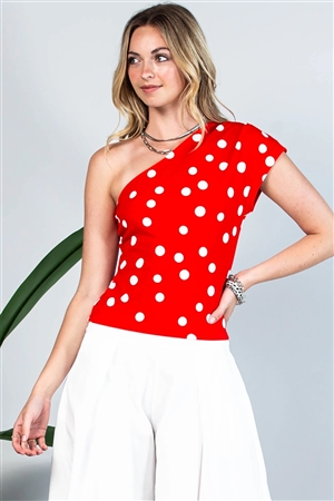 NY-T1552-DOT-RD - POLKA DOT PRINT ONE SHOULDER PLEATED TOP-RED-2-2-2
