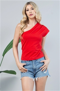 NY-T1552-RD - SOLID ONE SHOULDER PLEATED TOP- RED 2-2-2