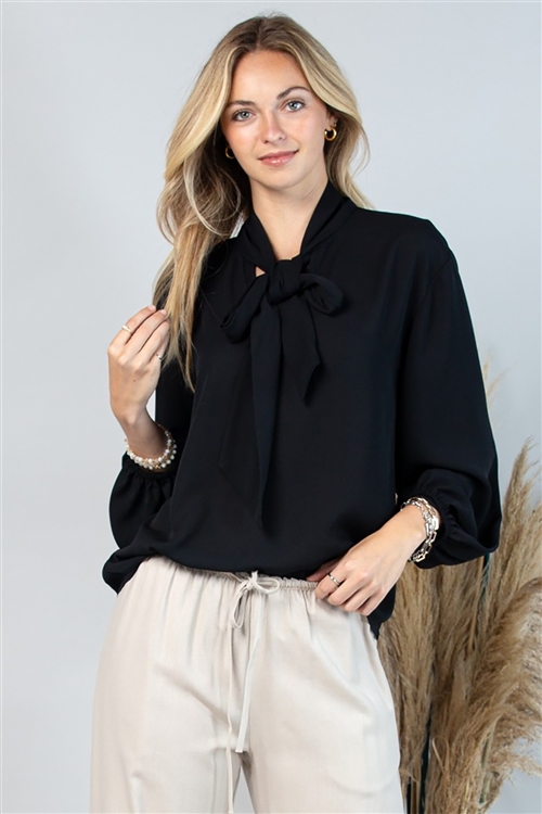 NY-T1629-Demi-BK-SOLID TIED SHIRT BLOUSE TOP-BLACK-2-2-2