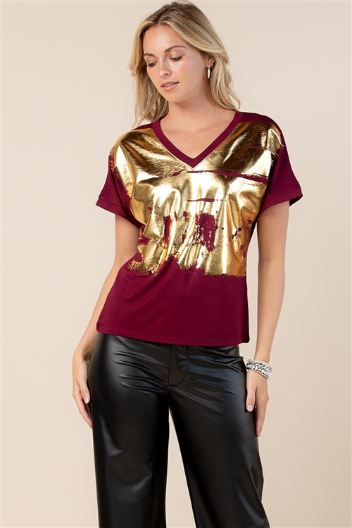 NY-T1639-Carmella-BU-SOLID FOIL V NECK SHORT SLEEVES TOP-BURGUNDY-2-2-2