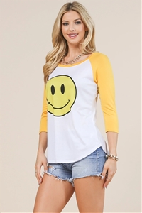 NY-T434-4554 - HAPPY FACE PRINT CASUAL TEE- WHITE MUSTARD 2-2-2