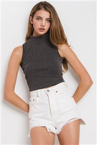 NY-T881-Cable-CH - SOLID CABLE FABRIC MOCK NECK CROP TOP-CHARCOAL-2-2-2