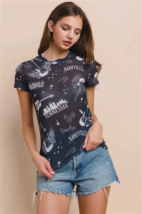 NY-X128M-5515-BK - WESTERN NASHVILLE MESH PRINT CASUAL TEE- BLACK 2-2-2