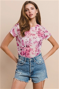 NY-X128M-Donna - WESTERN FLORAL MESH PRINT CASUAL TEE-PINK-2-2-2
