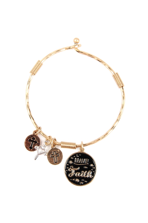 A3-1-3-OB09017WGBLK - "HAVE FAITH" ENAMEL PAINTED CHARM CUFF BRACELET MATTE GOLD BLACK/1PC