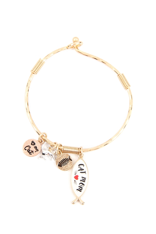 A3-1-3-OB09023WG  - "CAT MOM" CHARM CUFF BRACELET- MATTE GOLD/1PC