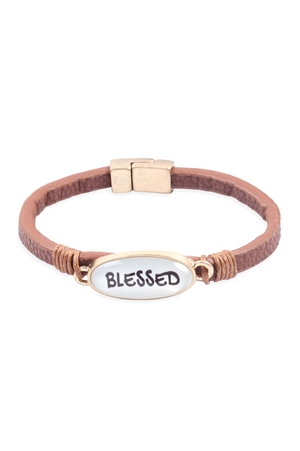 S24-6-1-OB09055WGBRN - "BLESSED" ANIMAL PRINT LEATHER MAGNET BRACELET-MATTE GOLD BROWN/6PCS