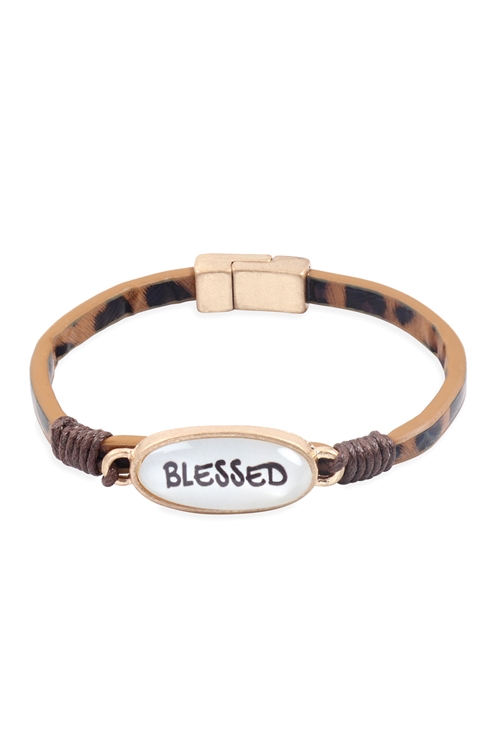 S24-6-1-OB09055WGLPD - "BLESSED" ANIMAL PRINT LEATHER MAGNET BRACELET-MATTE GOLD LEOPARD/6PCS