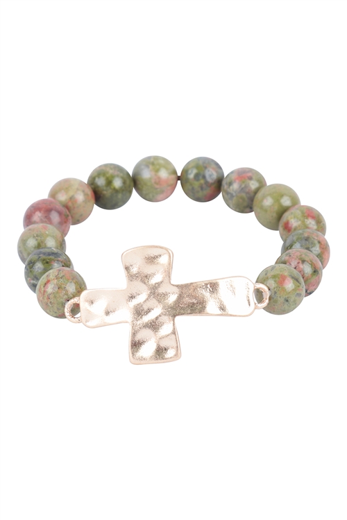 S1-6-2-OB3066-1GRN - NATURAL STONE WITH HAMMERED CROSS BRACELET-GREEN/1PC (NOW $4.00 ONLY!)