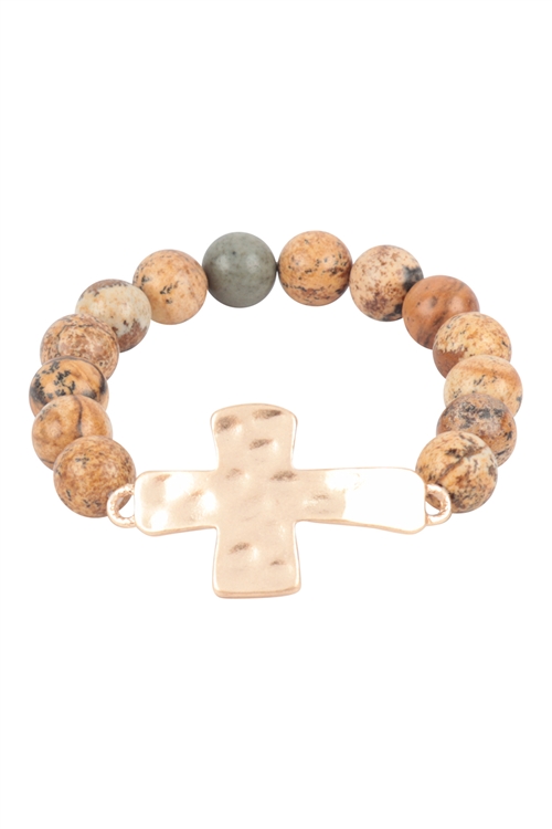 S1-6-2-OB3066-1JAS - NATURAL STONE WITH HAMMERED CROSS BRACELET-JASPER/1PC (NOW $4.00 ONLY!)