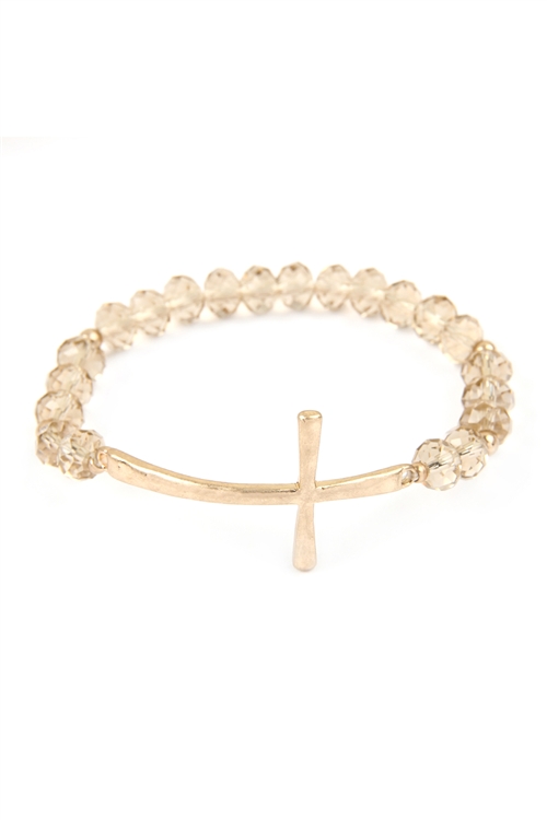 A1-3-5-OB3132CHAMP-WG- CROSS WITH RONDELLE BEADS STRETCH BRACELET - CHAMPAGNE/6PCS