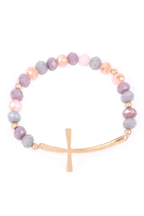 A1-3-5-OB3132PUR- CROSS WITH RONDELLE BEADS STRETCH BRACELET - PURPLE/6PCS