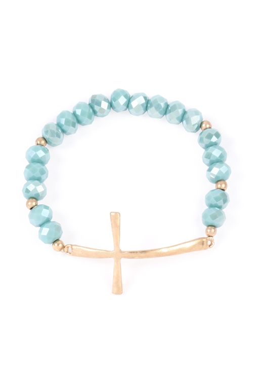 A1-3-5-OB3132TQ- CROSS WITH RONDELLE BEADS STRETCH BRACELET -TURQUOISE/6PCS