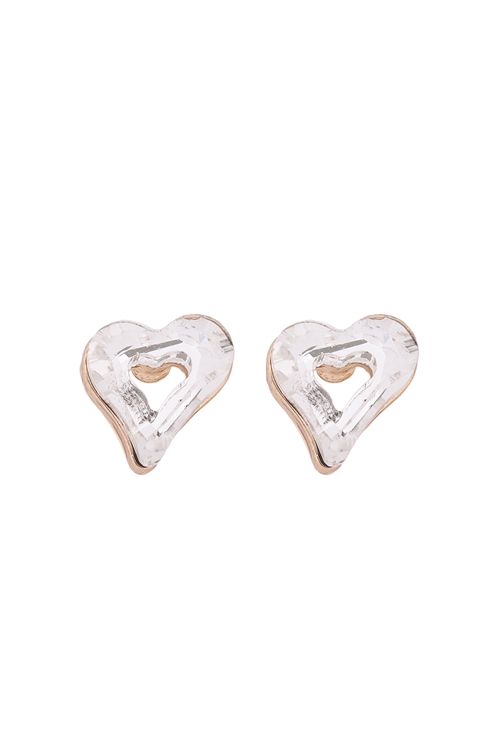 S24-2-3-OEA839GDCRY-GLASS OPEN HEART POST STUD EARRINGS-CRYSTAL/6PAIRS