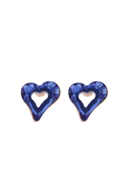 S24-2-3-OEA839GDSAP-GLASS OPEN HEART POST STUD EARRINGS-SAPPHIRE/6PAIRS