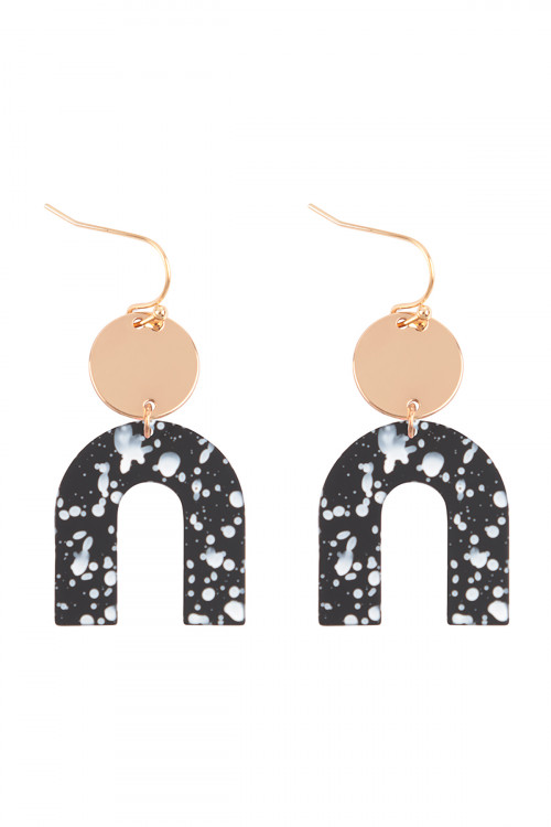 S1-6-3-OEC094GDMBK - U UPSIDE DOWN SPLATTER PRINT DROP FISH HOOK EARRINGS-MATTE GOLD BLACK/1PC