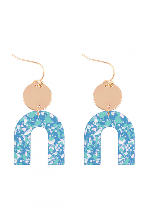 S1-6-3-OEC094GDMBL - U UPSIDE DOWN SPLATTER PRINT DROP FISH HOOK EARRINGS-MATTE GOLD BLUE/1PC