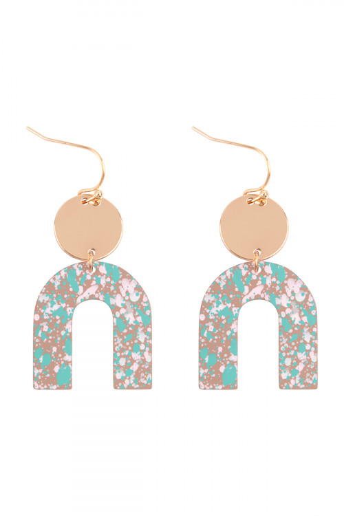 S1-6-3-OEC094GDMBR - U UPSIDE DOWN SPLATTER PRINT DROP FISH HOOK EARRINGS-MATTE GOLD BROWN/1PC  (NOW $1.25 ONLY!)