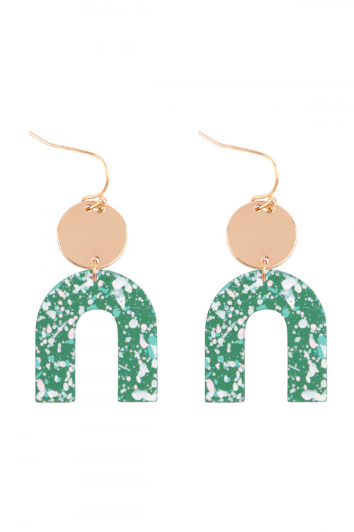 S1-6-3-OEC094GDMGN - U UPSIDE DOWN SPLATTER PRINT DROP FISH HOOK EARRINGS-MATTE GOLD GREEN/1PC