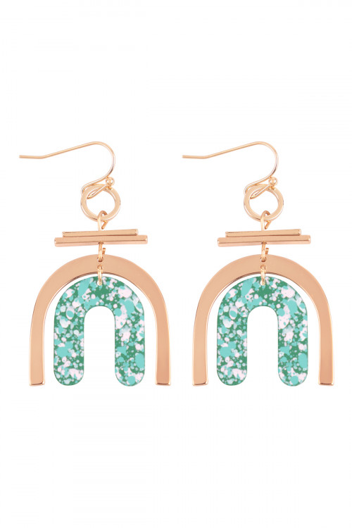 S1-4-2-OEC095GDMGN - U UPSIDE DOWN LAYERED ACRYLIC PRINT DROP FISH HOOK EARRINGS-GOLD GREEN/1PC