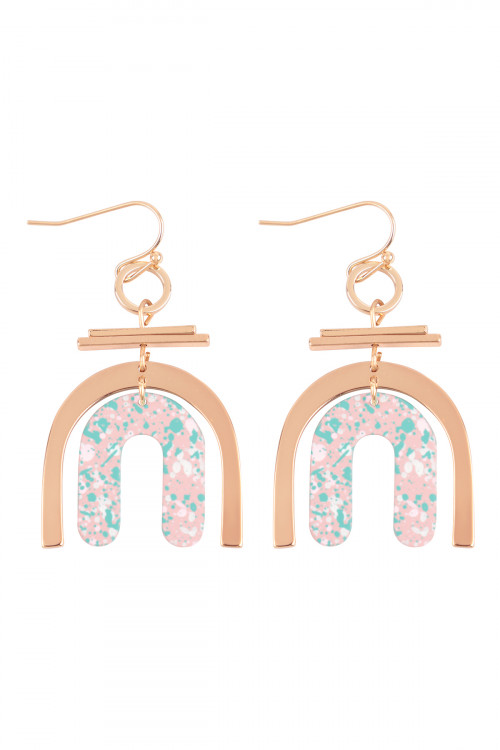 S1-4-2-OEC095GDMPK - U UPSIDE DOWN LAYERED ACRYLIC PRINT DROP FISH HOOK EARRINGS-GOLD PINK/1PC