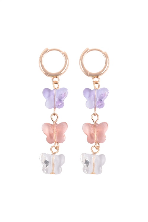S1-1-3-OEC264GDMLV - 3 GLASS BUTTERFLY  DROP HOOP EARRINGS-GOLD LAVENDER/6PCS