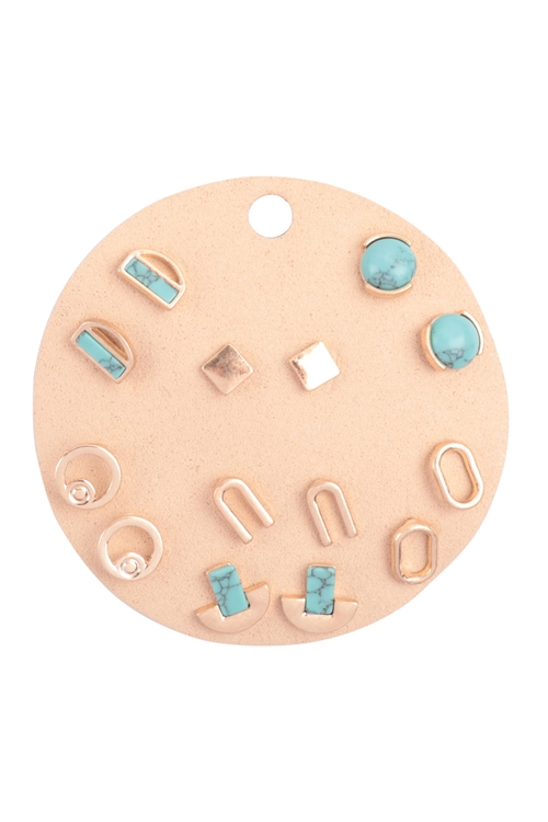 S7-4-2-OEC450WGTUQ - WESTERN ACCENT NATURAL STONE 7 PAIR SET STUD EARRINGS-MATTE GOLD TURQUOISE/6PCS