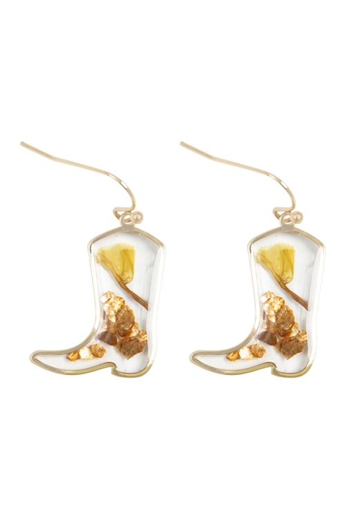 S4-6-1-OEC508GDMBR - DRY FLOWER WESTERN BOOT RESIN DROP EARRINGS-GOLD BROWN/1PC