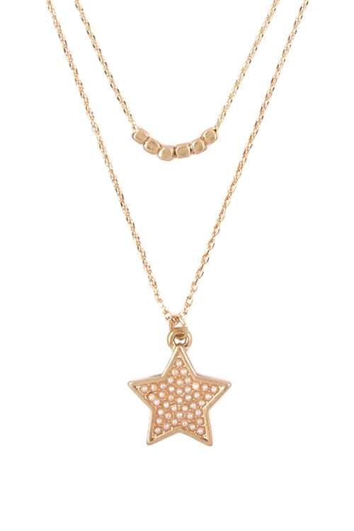 S25-4-4-ONA399WGCRM-TWO LAYERED STAR PENDANT NECKLACE MATTE GOLD CREAM/6PCS